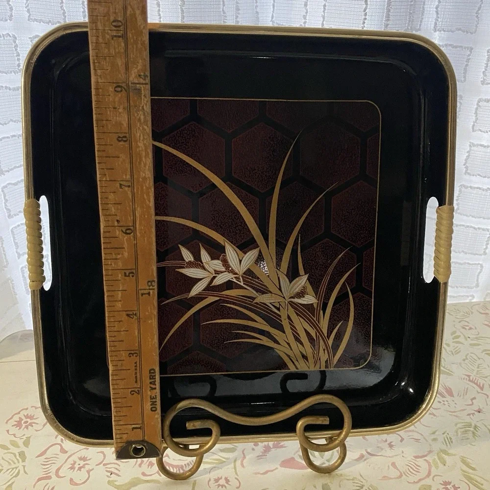 Himark Japanese Black Lacquer Ware Tray‎ Gold RED Floral Square 10
